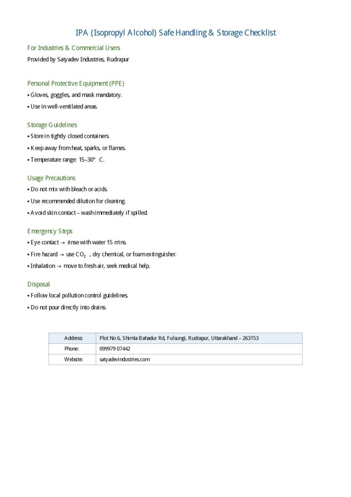 IPA_Handling_Checklist ,IPA supplier in Rudrapur , Satyadev_Industries 