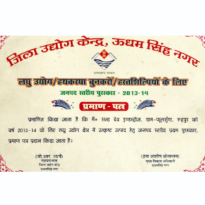 District-level award certificate from Udham Singh Nagar presented to Satya Dev Industries