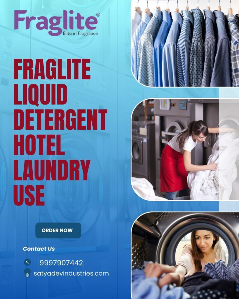 liquid detergent supplier showing Hotel staff using Fraglite liquid detergent in commercial laundry