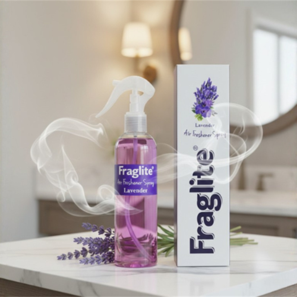 A purple Fraglite lavender spray bottle and white box on a marble countertop in a blurred bathroom setting with lavender sprigs.