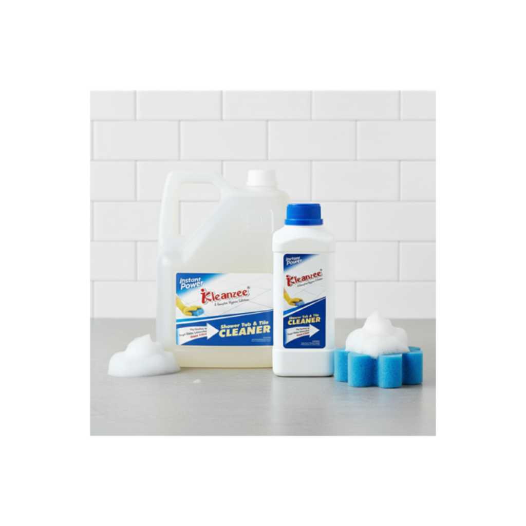 A large clear gallon jug and a smaller white bottle of Kleanzee Shower Tub & Tile Cleaner standing on a grey surface next to a blue sponge and white cleaning foam.