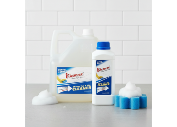 A large clear gallon jug and a smaller white bottle of Kleanzee Shower Tub & Tile Cleaner standing on a grey surface next to a blue sponge and white cleaning foam.