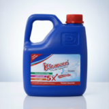 A large clear gallon jug and a smaller white bottle of Kleanzee Multi-Surface Cleaner on a marble countertop with a blue microfiber cloth and cleaning bubbles.
