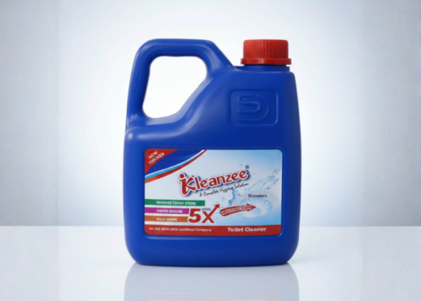 A large clear gallon jug and a smaller white bottle of Kleanzee Multi-Surface Cleaner on a marble countertop with a blue microfiber cloth and cleaning bubbles.