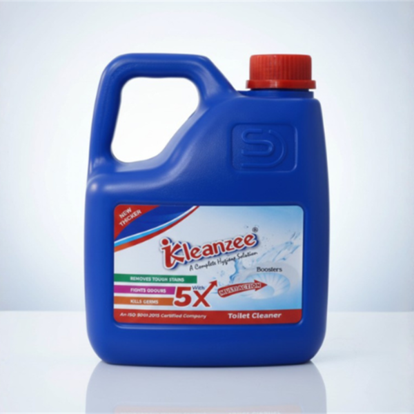 A large clear gallon jug and a smaller white bottle of Kleanzee Multi-Surface Cleaner on a marble countertop with a blue microfiber cloth and cleaning bubbles.