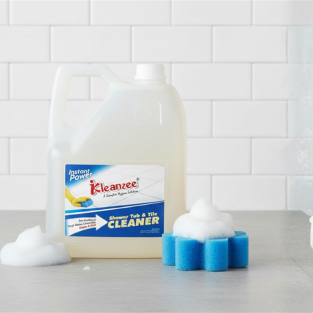 A large, clear plastic gallon jug with a white handle and Kleanzee label, featuring cleaning foam and a blue flower-shaped sponge on a marble countertop.