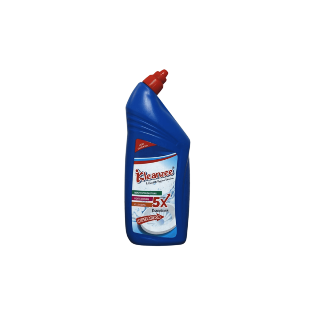 A bulk clear plastic gallon jug of Kleanzee Multi-Surface Cleaner positioned on a grey stone surface with a blue cloth and fresh foam.