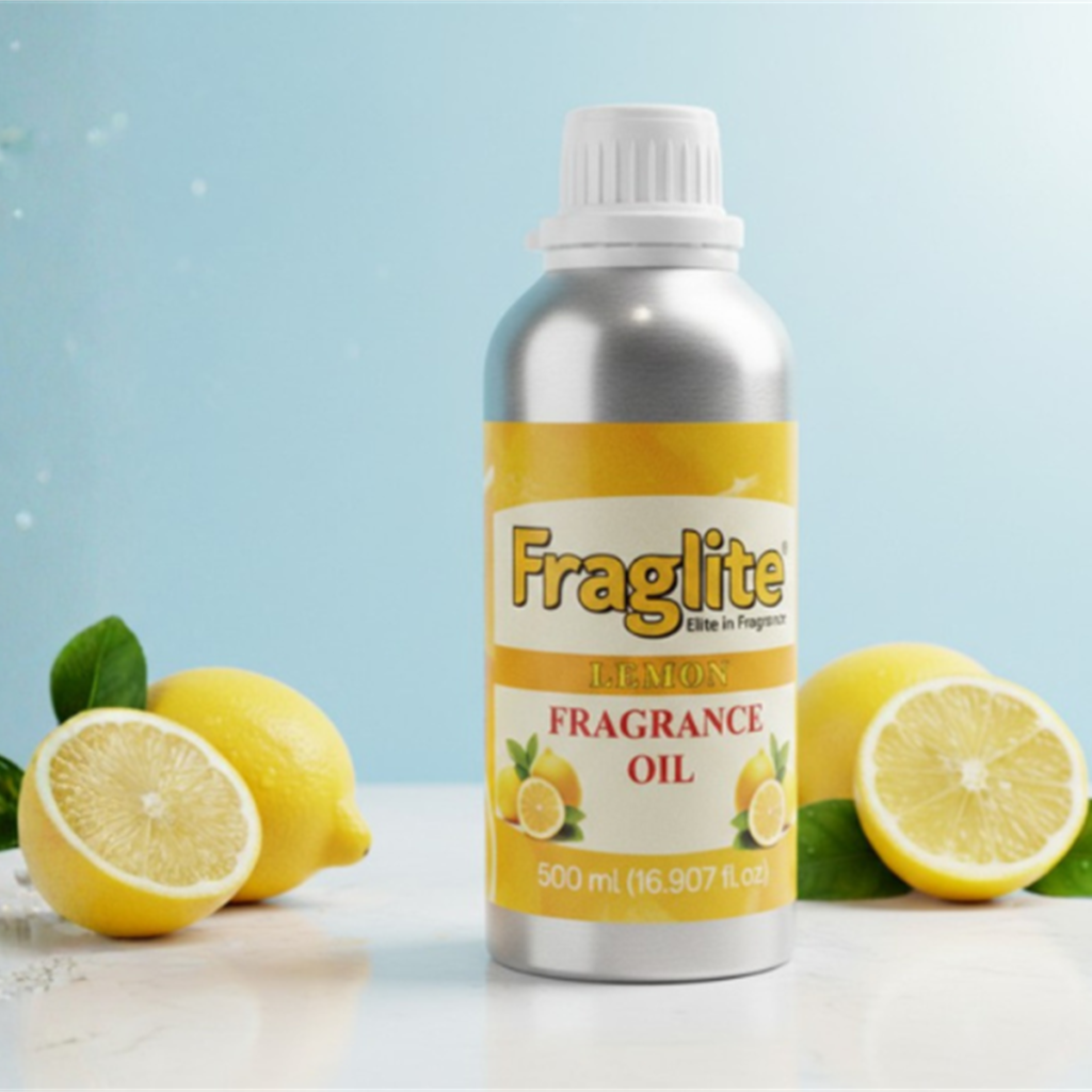 A Fraglite Lemon Fragrance Oil aluminum bottle standing on a white surface with fresh whole and halved lemons against a soft blue background.