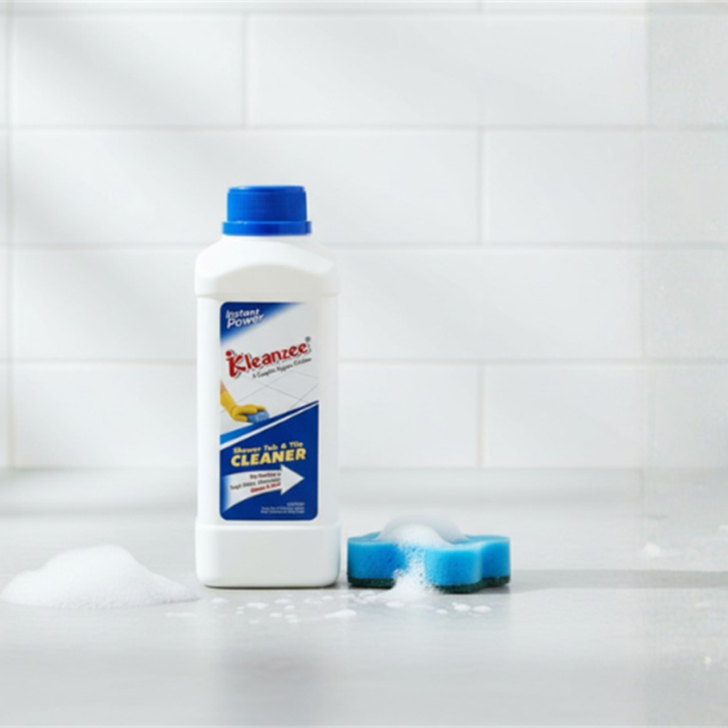 A single white bottle of Kleanzee Shower Tub & Tile Cleaner with a blue cap, positioned on a grey surface with a mound of foam and a blue sponge.