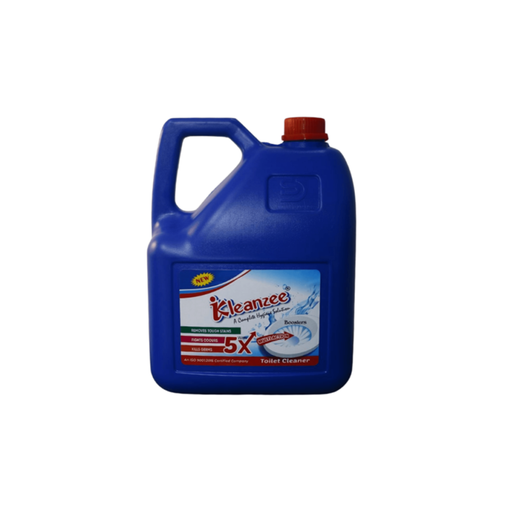 A front-facing shot of the Kleanzee Multi-Surface Cleaner bottle on a clean countertop with a blue microfiber cloth and a cluster of soap bubbles.