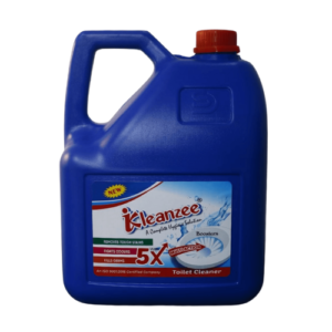 A front-facing shot of the Kleanzee Multi-Surface Cleaner bottle on a clean countertop with a blue microfiber cloth and a cluster of soap bubbles.