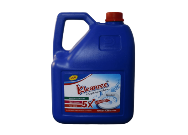 A front-facing shot of the Kleanzee Multi-Surface Cleaner bottle on a clean countertop with a blue microfiber cloth and a cluster of soap bubbles.