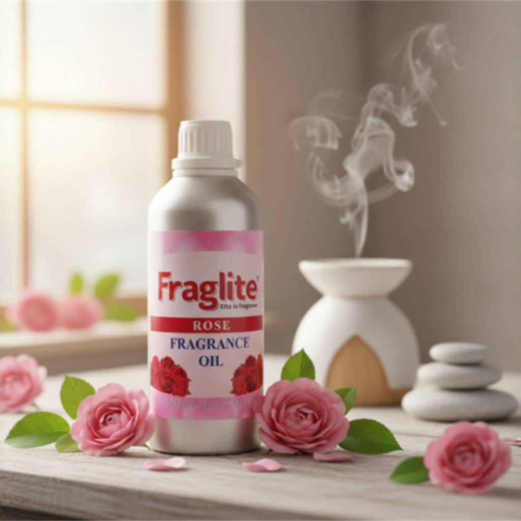 A bottle of Fraglite Rose Fragrance Oil on a wooden surface surrounded by pink rose blossoms, with a diffuser and white stones in a sunlit room.