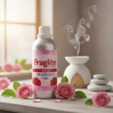 A bottle of Fraglite Rose Fragrance Oil on a wooden surface surrounded by pink rose blossoms, with a diffuser and white stones in a sunlit room.