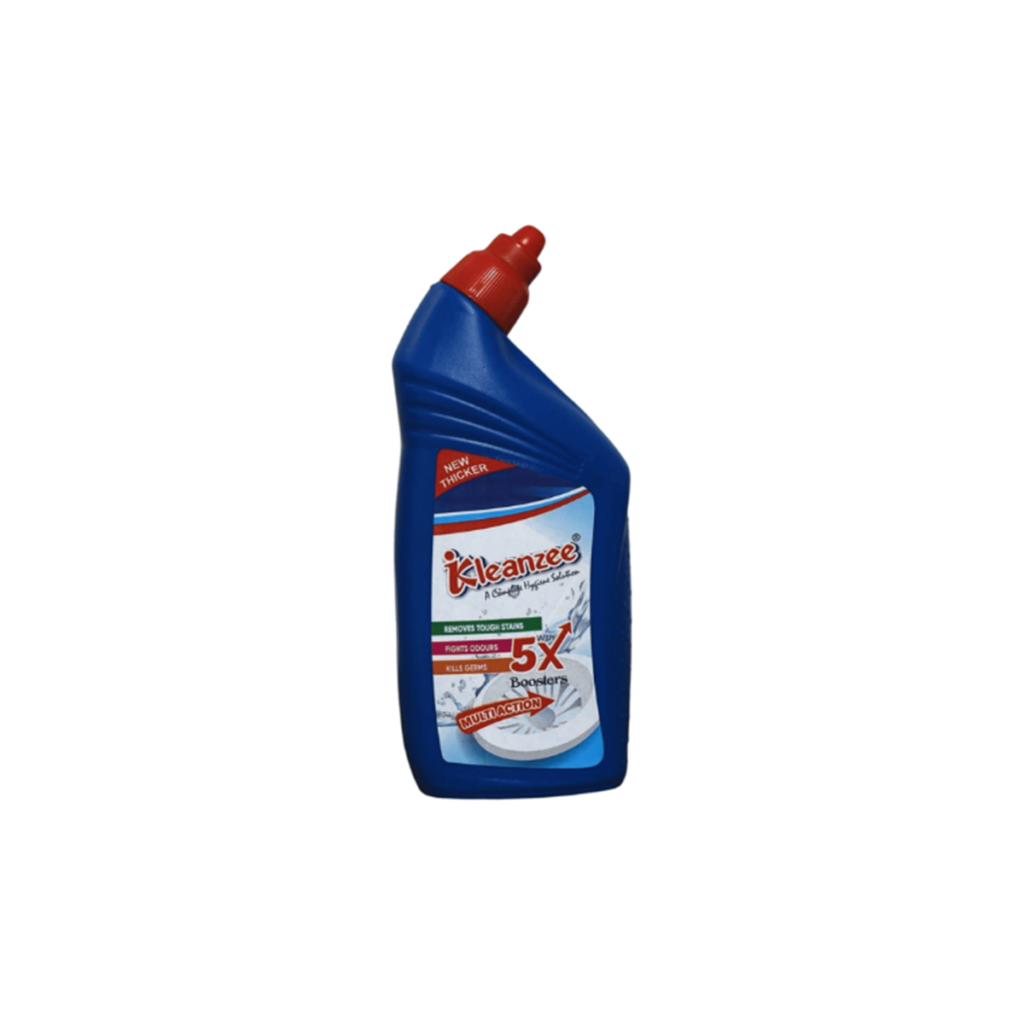 A white 500ml bottle of Kleanzee Multi-Surface Cleaner with a blue cap on a marble surface next to a blue cloth and active suds.