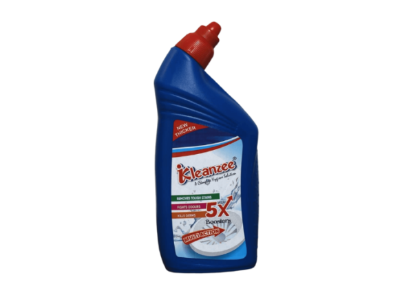 A white 500ml bottle of Kleanzee Multi-Surface Cleaner with a blue cap on a marble surface next to a blue cloth and active suds.