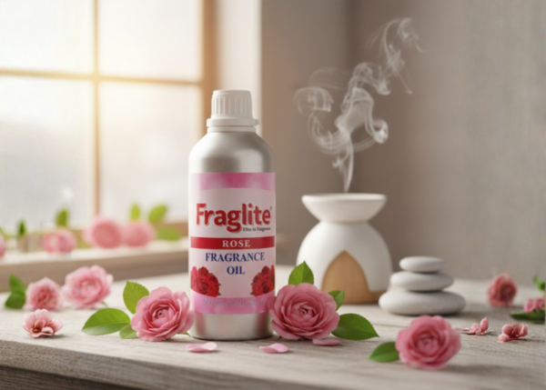 A bottle of Fraglite Rose Fragrance Oil on a wooden surface surrounded by pink rose blossoms, with a diffuser and white stones in a sunlit room.