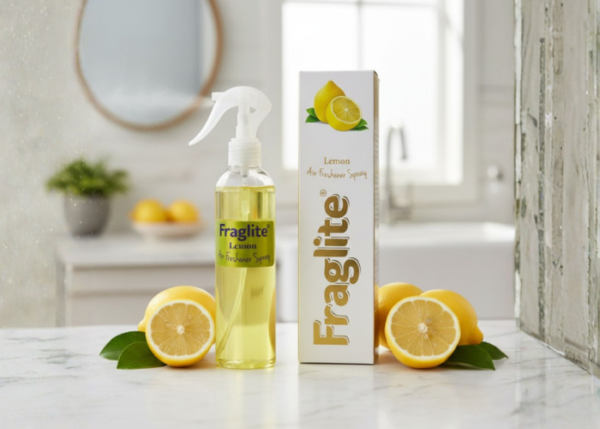 A Fraglite Lemon air freshener spray and box on a marble surface with sliced and whole lemons in a bright kitchen or bathroom background.