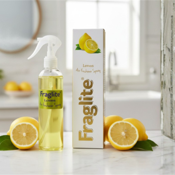 A Fraglite Lemon air freshener spray and box on a marble surface with sliced and whole lemons in a bright kitchen or bathroom background.