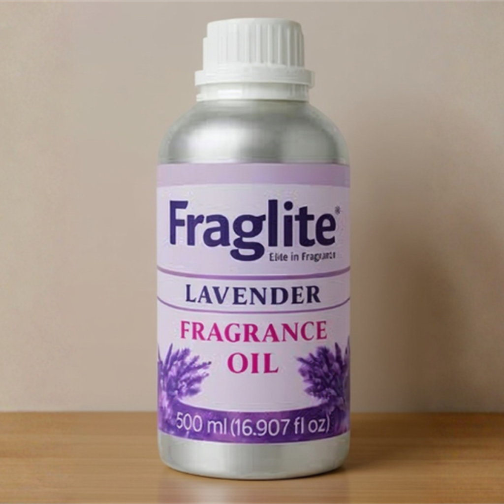 A 500 ml silver bottle of Fraglite Lavender Fragrance Oil with a purple label and lavender flower graphics on a wooden shelf.