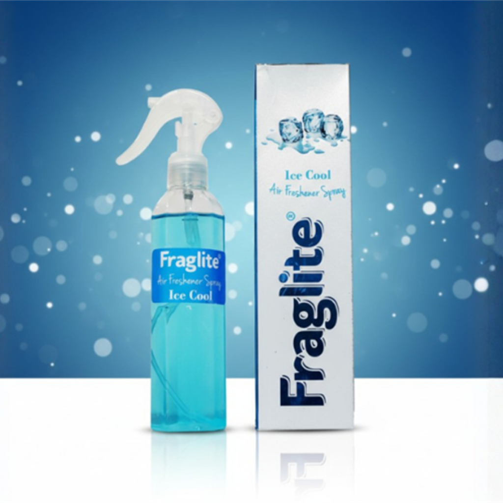 A blue Fraglite Ice Cool spray bottle and box against a deep blue background with sparkling lights and ice cube illustrations.