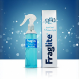 A blue Fraglite Ice Cool spray bottle and box against a deep blue background with sparkling lights and ice cube illustrations.
