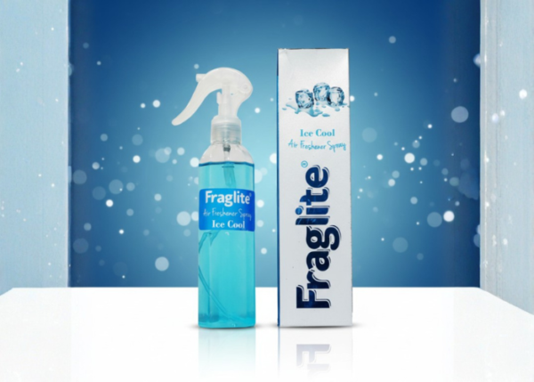 A blue Fraglite Ice Cool spray bottle and box against a deep blue background with sparkling lights and ice cube illustrations.