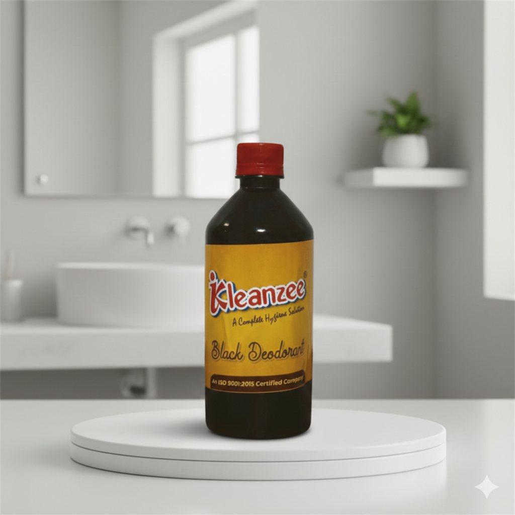 A dark 500ml bottle of IKleanzee Black Deodorant hygiene solution with a red cap on a white circular podium.