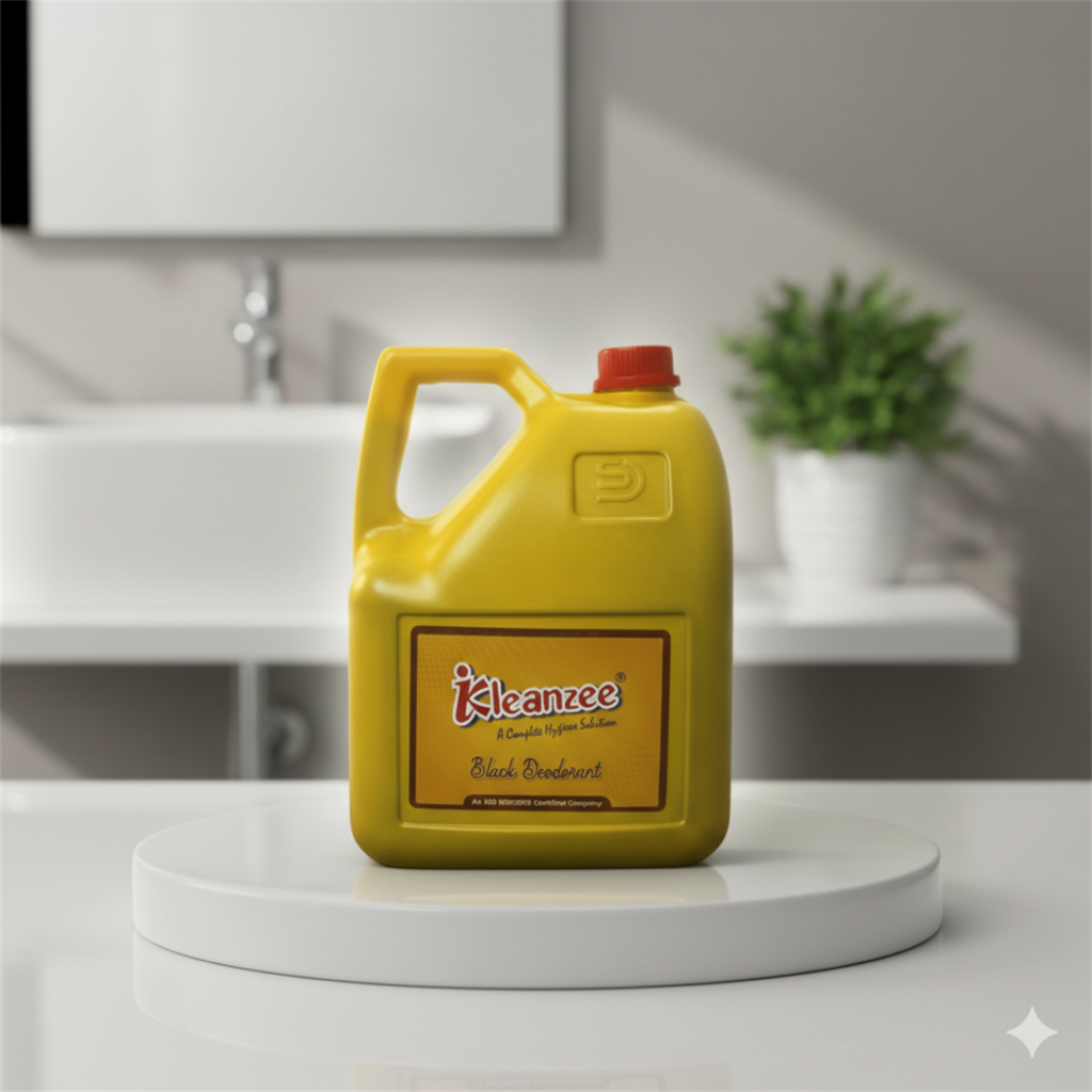 A large yellow plastic jerry can with a red cap featuring the IKleanzee Black Deodorant label, presented on a white platform.