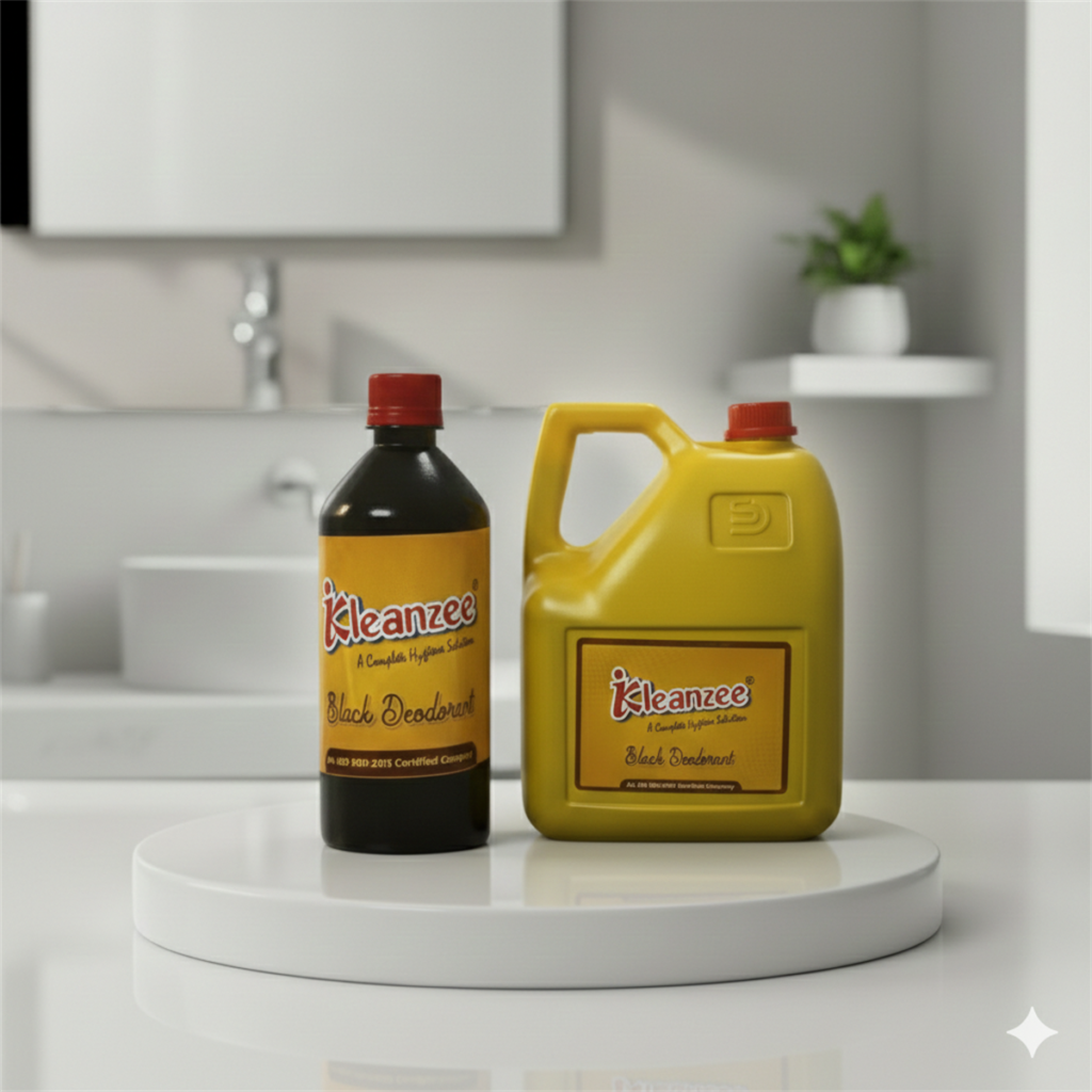 A 500ml dark bottle and a large yellow jerry can of Kleanzee Black Deodorant hygiene solution displayed on a white circular podium in a modern bathroom.