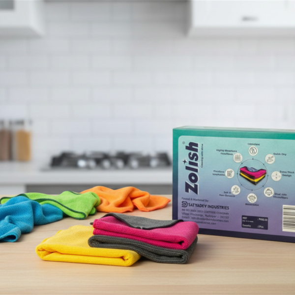 A box of Zolish brand cleaning cloths sitting on a light wooden countertop in a modern kitchen with several colorful microfiber cloths (blue, green, orange, yellow, and pink) spread out beside it.