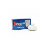 A blue box of Kleanzee Toilet Cubes featuring a urinal illustration, placed next to a small white bowl containing four white spherical toilet cubes.