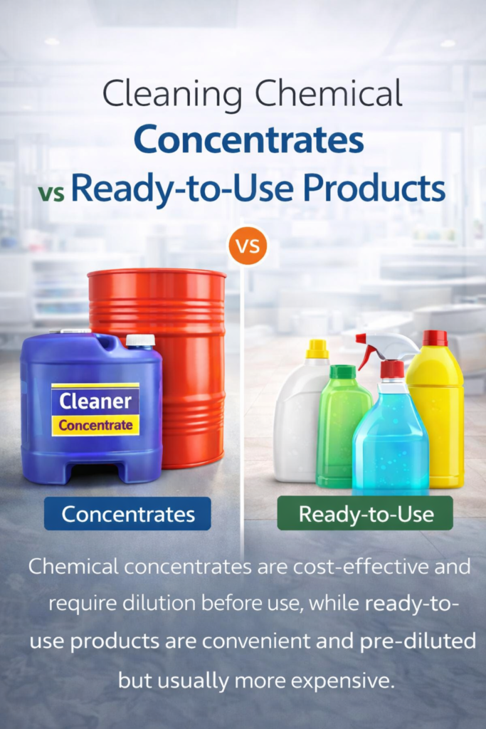 Cleaning chemical concentrates vs ready-to-use cleaners comparison for cost, dilution, and professional use