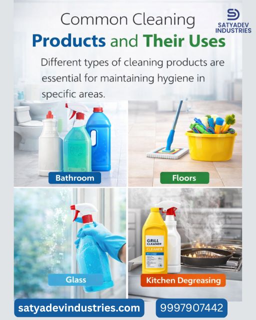 Common cleaning products used for bathroom, floor, glass, kitchen, and industrial cleaning applications
