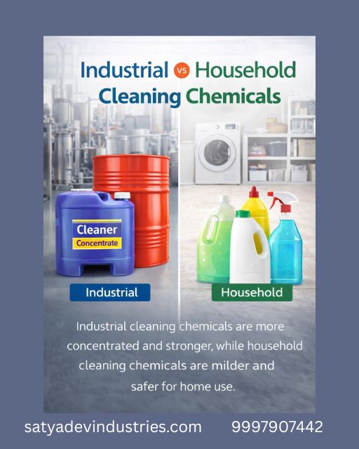 Comparison between industrial and household cleaning chemicals based on strength, usage, and cost efficiency