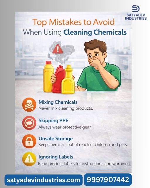 Common mistakes to avoid when using cleaning chemicals including mixing products and over concentration