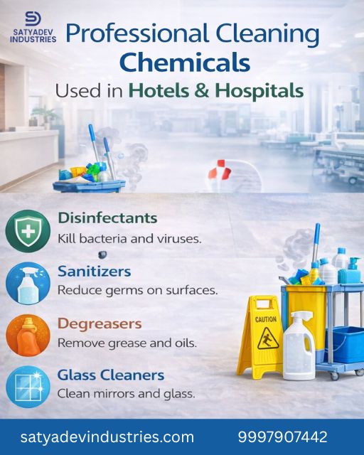 Professional cleaning chemicals used in hotels and hospitals for hygiene, sanitation, and infection control