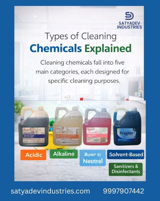 Types of cleaning chemicals including acidic, alkaline, neutral, solvent-based cleaners and disinfectants