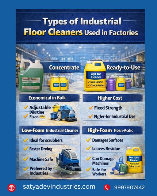 Types of industrial floor cleaners including low foam non acidic and concentrated cleaners