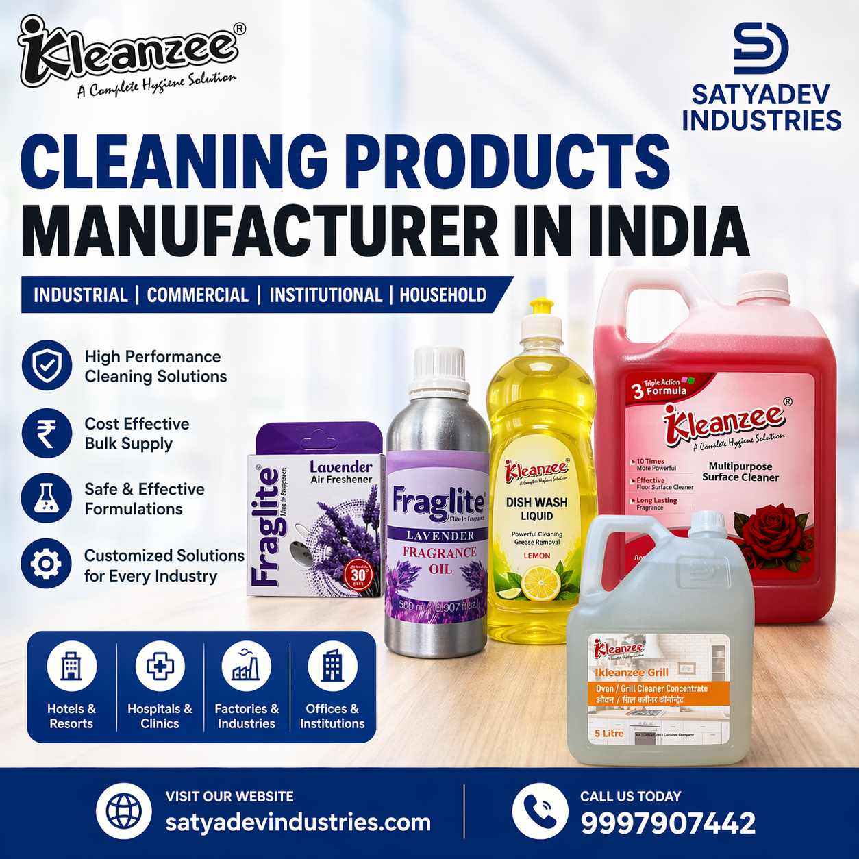 Cleaning products manufacturer in India – Satyadev Industries bulk industrial cleaning chemicals, Fraglite fragrance oil, dishwash liquid and surface cleaner