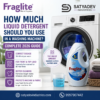 How much liquid detergent to use in a washing machine with dosage chart (30–60 ml), Fraglite detergent bottle and front load washing machine
