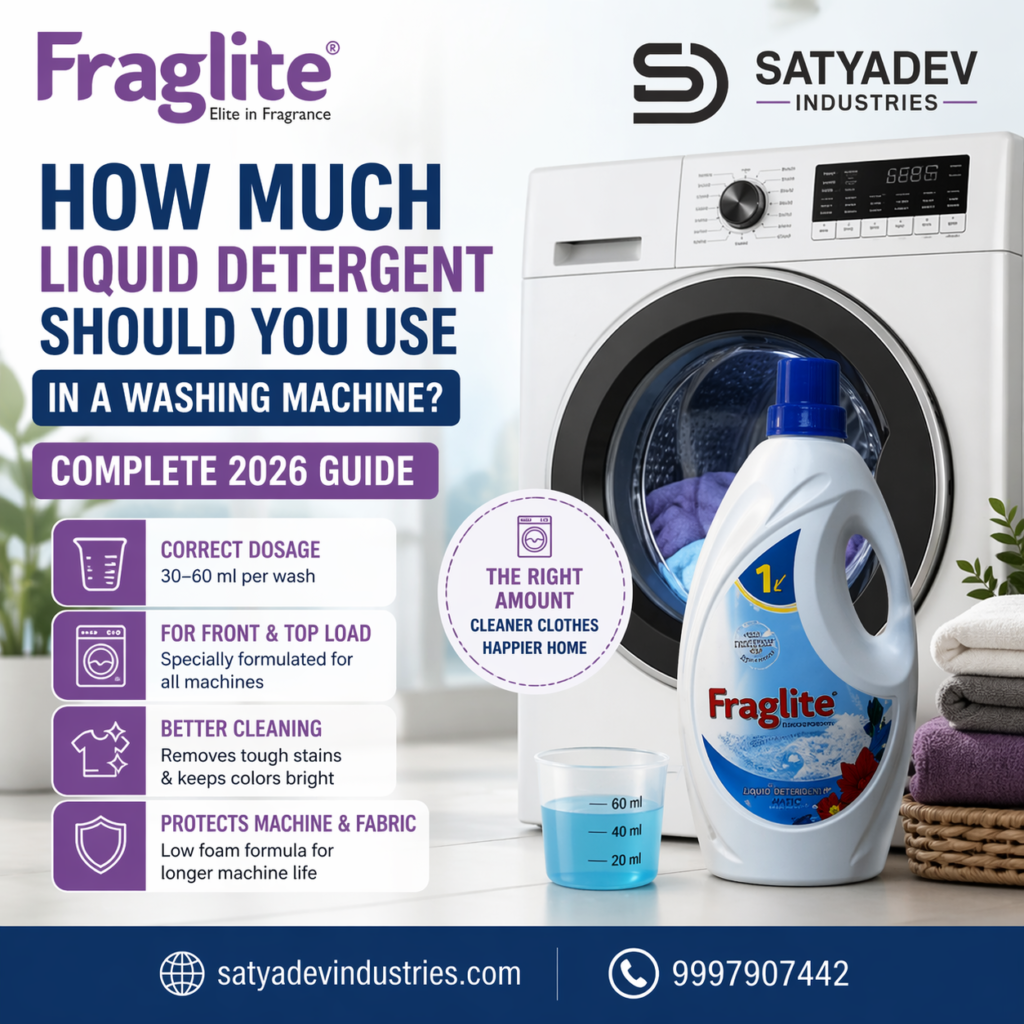 liquid detergent manufacturer in India- How much liquid detergent to use in a washing machine with dosage chart (30–60 ml), Fraglite detergent bottle and front load washing machine