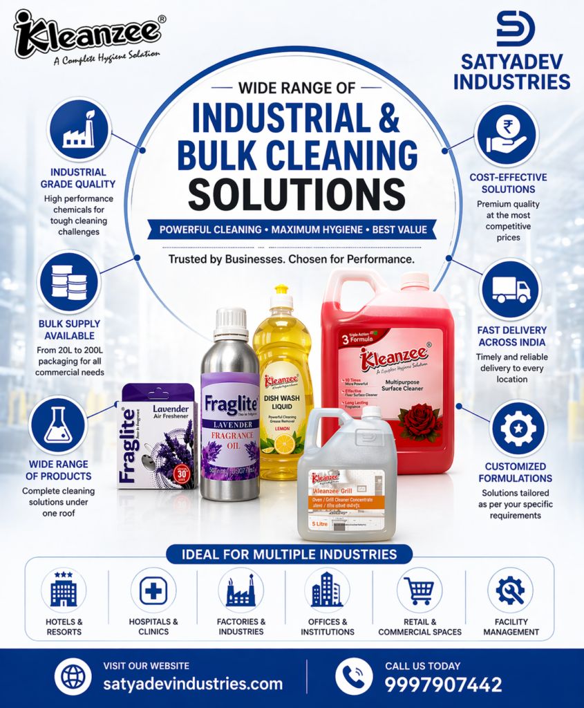 wide range of industrial and bulk cleaning solutions in India by Satyadev Industries including floor cleaner fragrance oil dishwash liquid and surface cleaner for commercial use