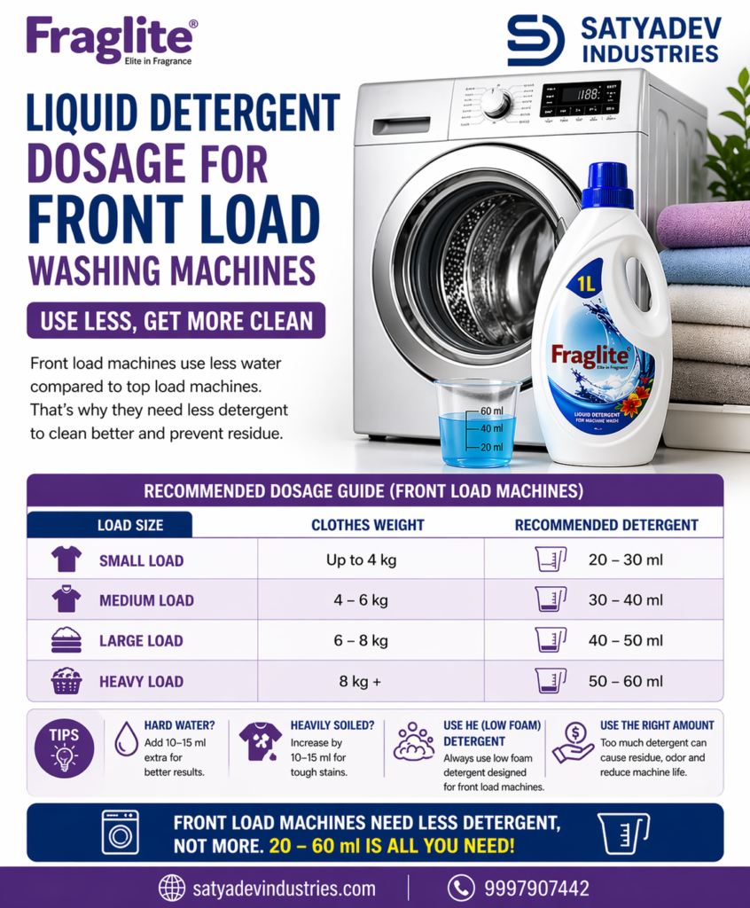 Liquid detergent dosage for front load washing machines showing correct amount 20–60 ml per load with dosage chart and washing machine