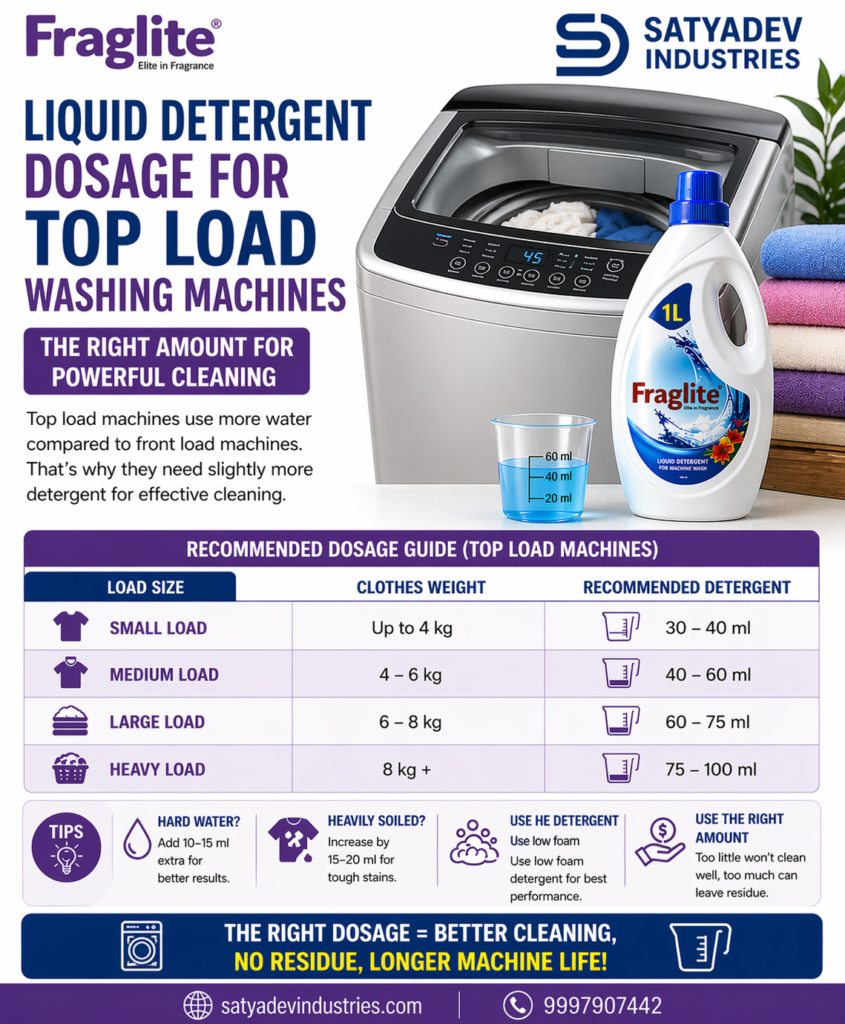 Liquid detergent dosage for top load washing machines showing correct amount 30–100 ml per load with dosage chart and washing machine