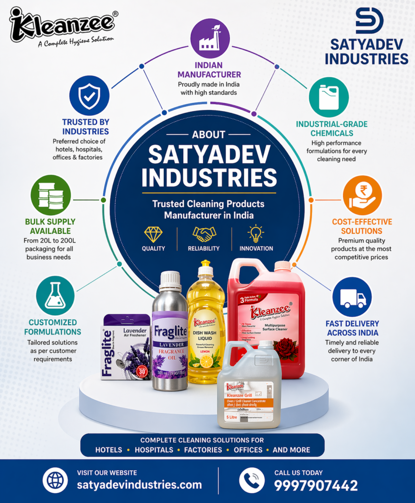 Satyadev Industries cleaning products manufacturer in India circular infographic showing industrial cleaning chemicals bulk supply customization and fast delivery