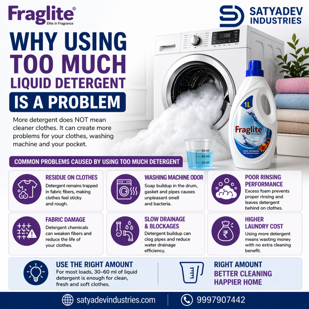 Why using too much liquid detergent is a problem showing foam overflow, residue on clothes, washing machine odor and detergent dosage issues