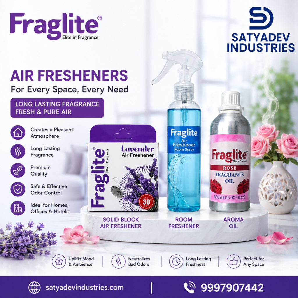 Fraglite air fresheners by Satyadev Industries featuring room freshener spray, solid block air freshener, and aroma oil for homes, hotels, offices, and commercial spaces in India
