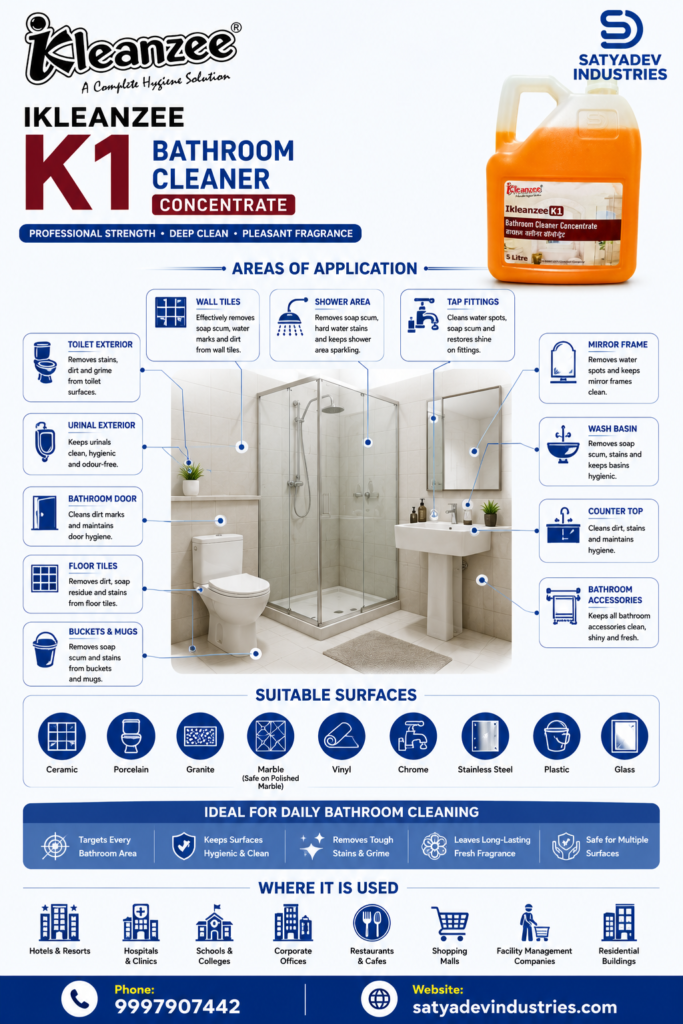 Professional bathroom cleaning liquid suitable for toilet exteriors, wash basins, wall tiles, shower areas, chrome fittings, mirrors and bathroom accessories.