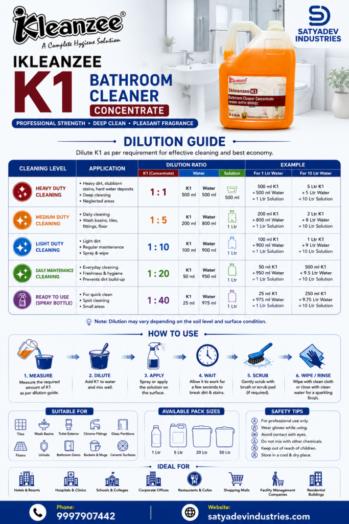 Recommended dilution ratios for light, medium and heavy bathroom cleaning using iKleanzee K1Bathroom cleaning liquid .